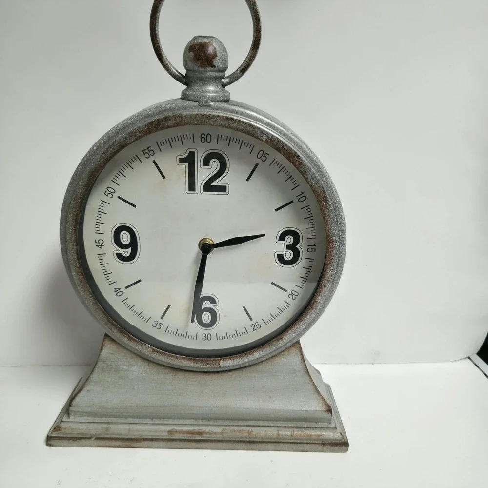Vintage Style Table Clock Distressed Metal Silver Gray Farmhouse Decor 15